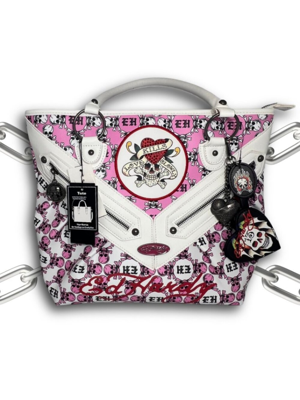 NWT Ed Hardy Pink and White Skull Rhinestone Love Kills Slowly Tote Bag Charm